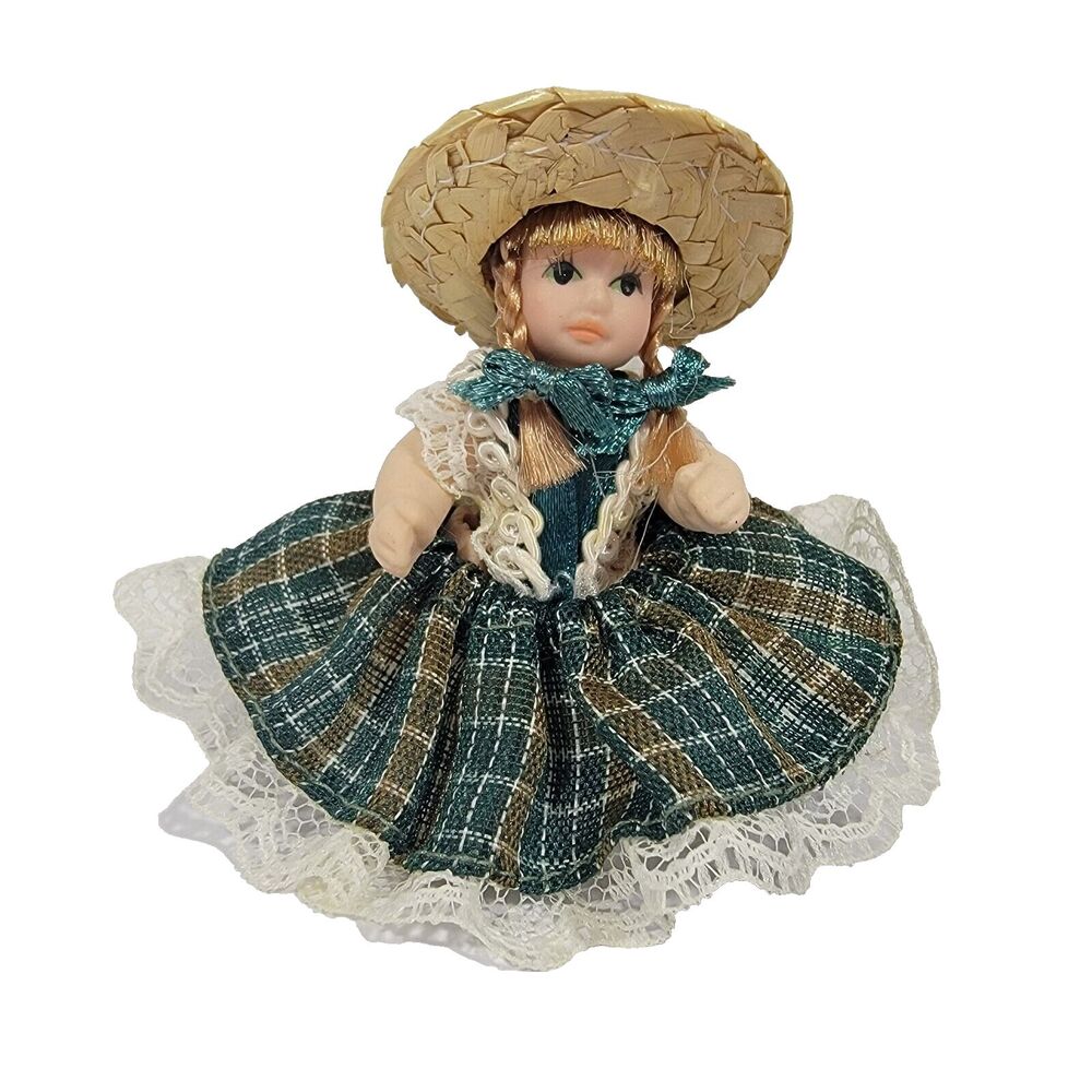 Mini Porcelain Doll Girl Braids Hat Plaid Dress Lace Prairie Girl